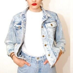 🌀 Vintage Acid Wash Crop Denim Jean Jacket Button Up Grunge Outerwear 80s 🌀